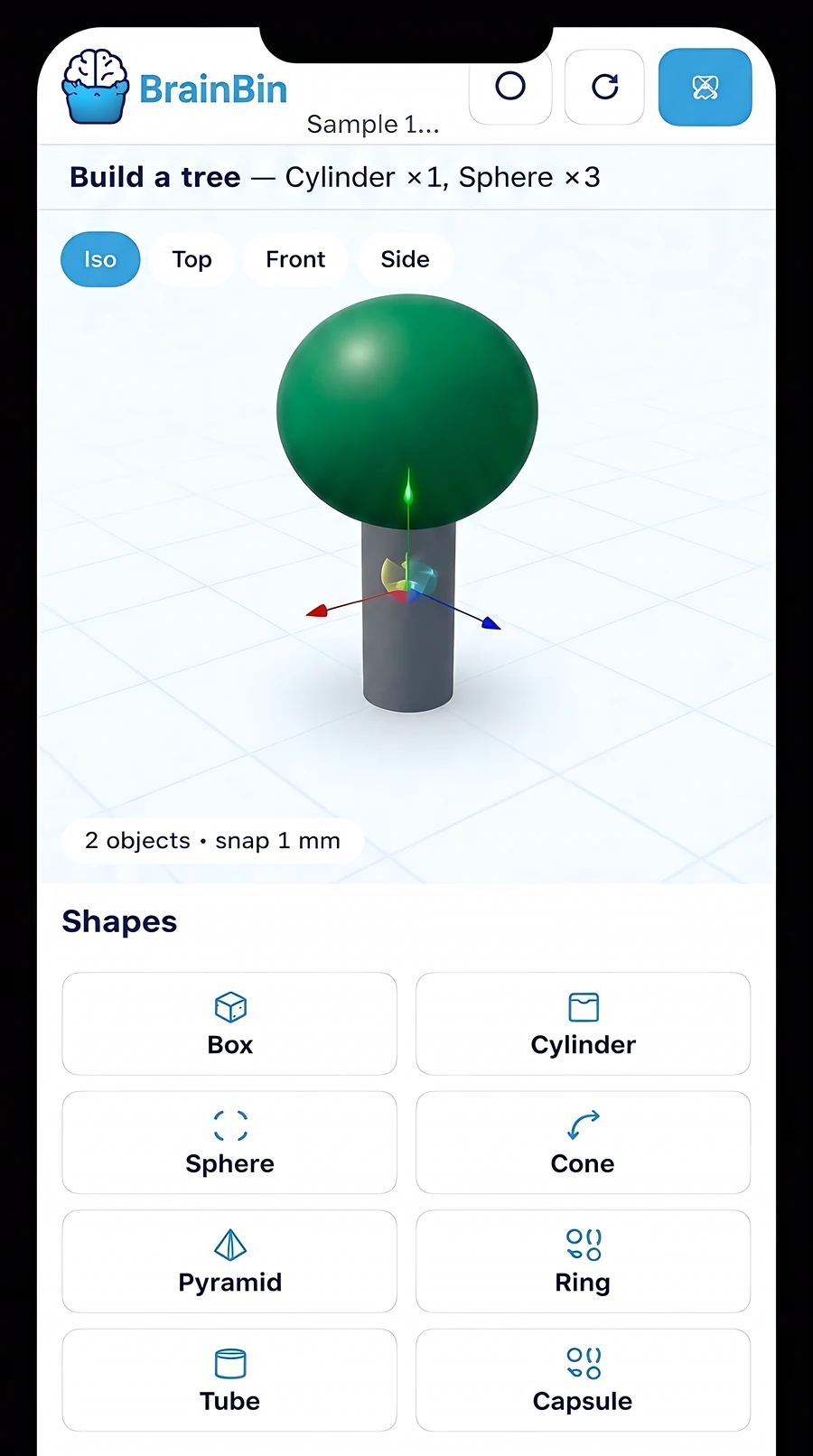 BrainBin app on a phone: building a tree with 3D shapes